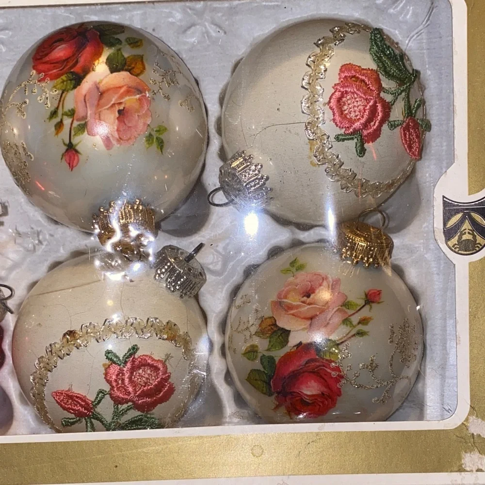 Vintage Glass Christmas Ornaments Plus 2 Boxes Of Krebs Victorian Roses Hand Dec